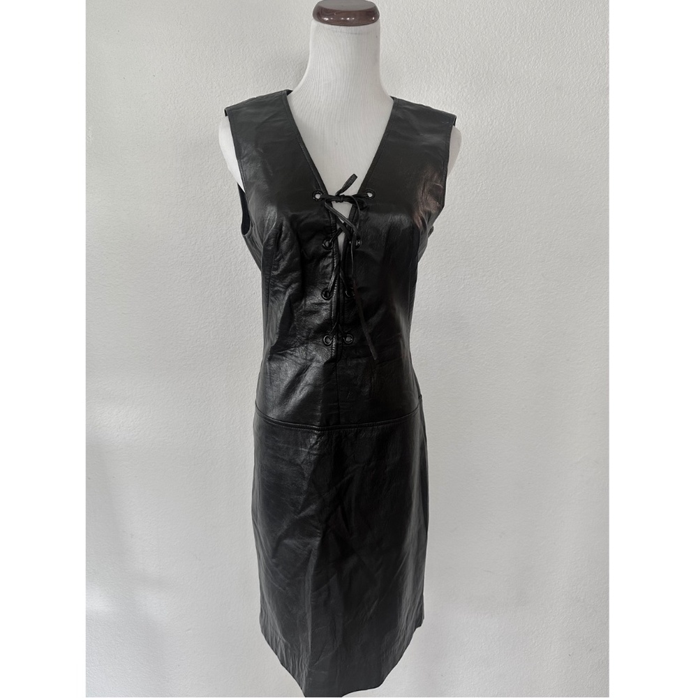 Vintage Black Leather Dress Corset Lace-up Sleeveless Knee Length Medium